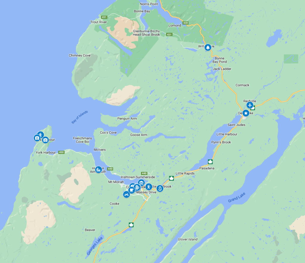 Google Map showing things to do in Corner Brook, Newfoundland