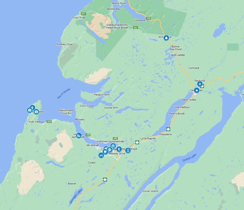 Google Map showing things to do in Corner Brook, Newfoundland