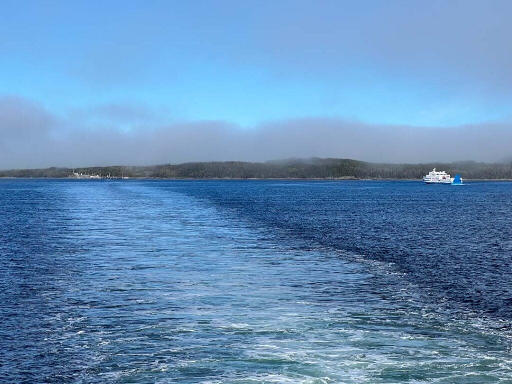 The view from the Fogo Island Ferry. You can see the Farewell Ferry terminal and the other ferry vessel. 