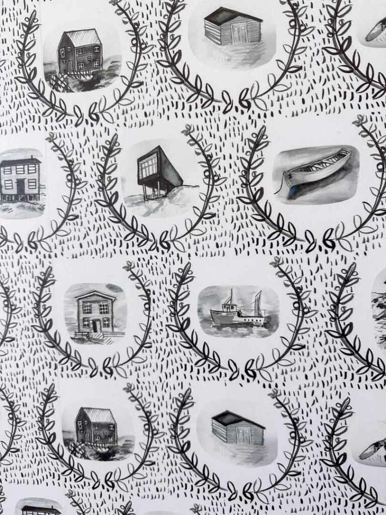 Close-up of wall paper at the Fogo Island Inn. It includes little portaits of local buildings and points of interest.