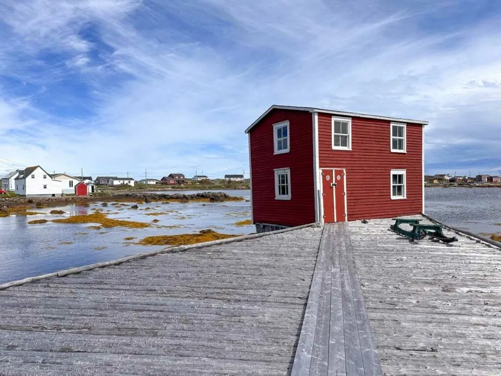 One of the red buildings at the Dwyer Premises in Tilting on Fogo Island, Newfoundland