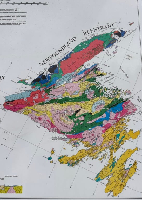 A map showing the geology of Newfoundland on the wall at The Saltbox in Benoit's Cove