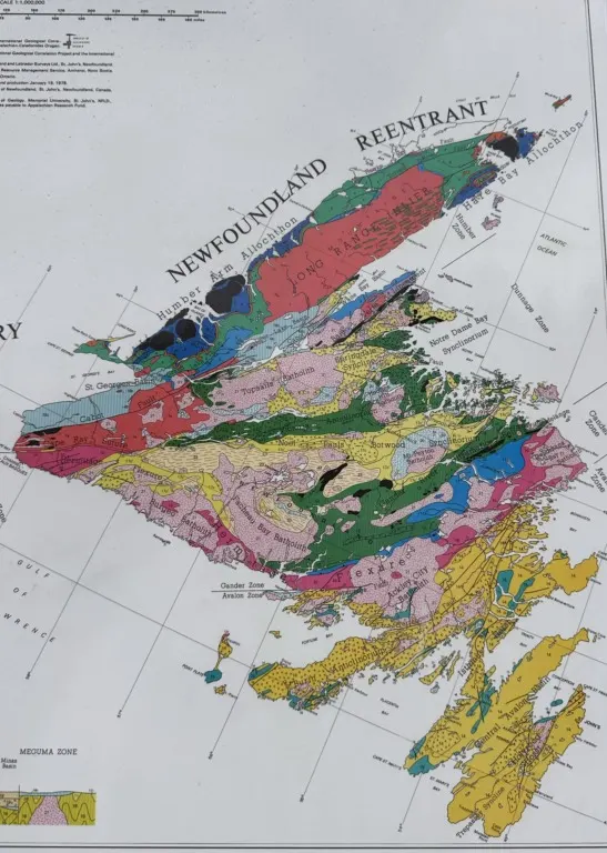 A map showing the geology of Newfoundland on the wall at The Saltbox in Benoit's Cove