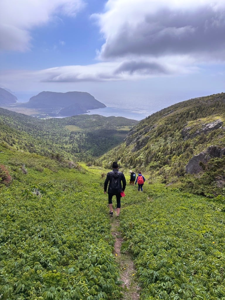 Hikers on the South Head Lighthouse Trail near Lark Harbour