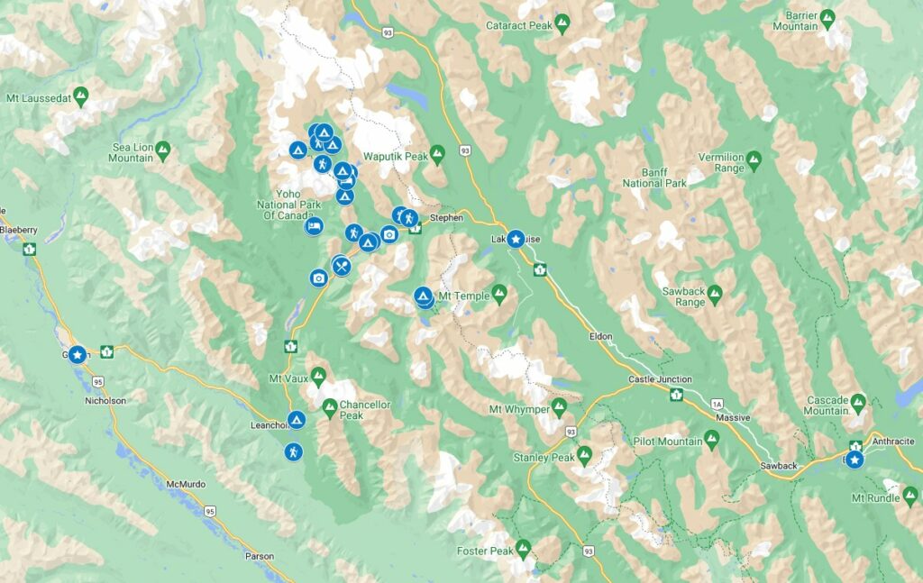 Google Map of things to do in Yoho National Park