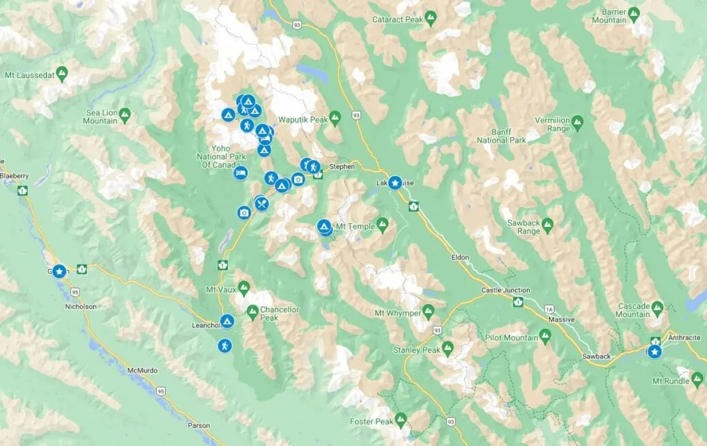 Google Map of things to do in Yoho National Park