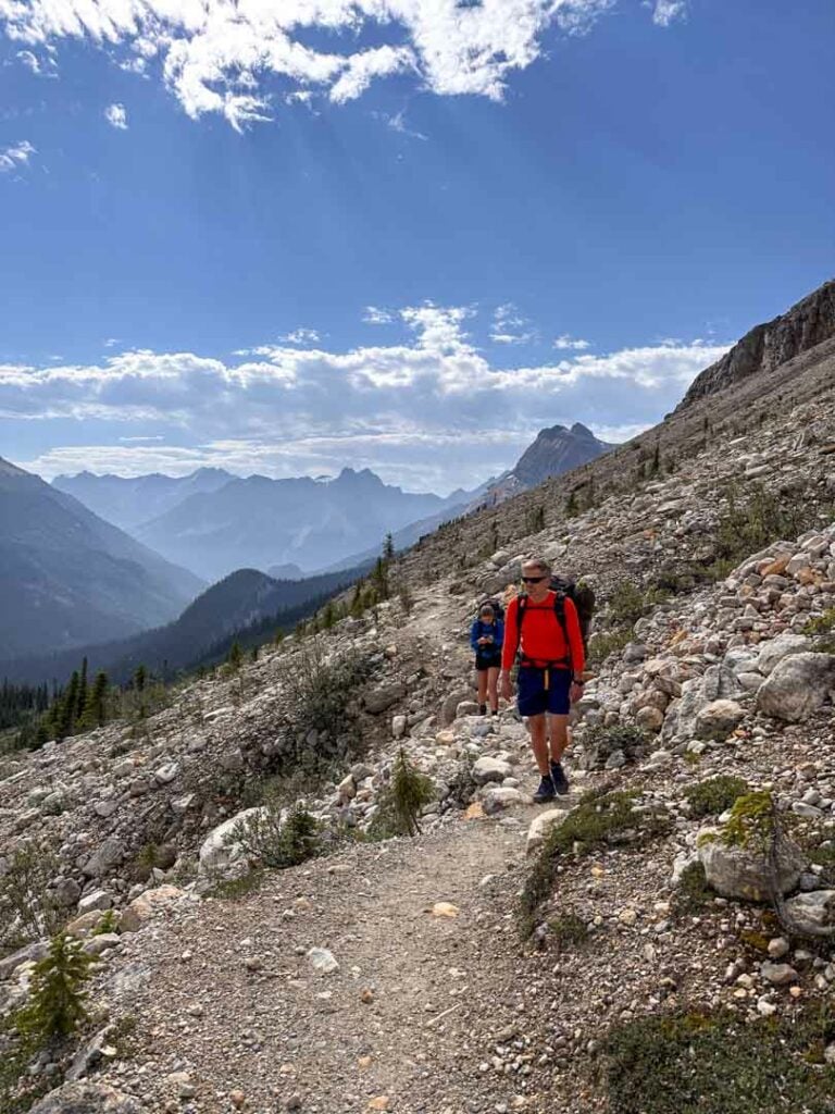 Hikers on the Iceline Trail in Yoho National Park as they approach the treeline