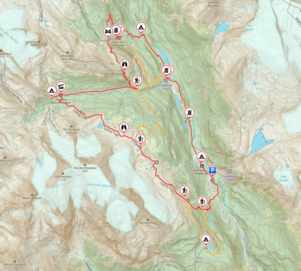 Map of the Yoho Valley Loop including the Iceline and Whaleback Trails