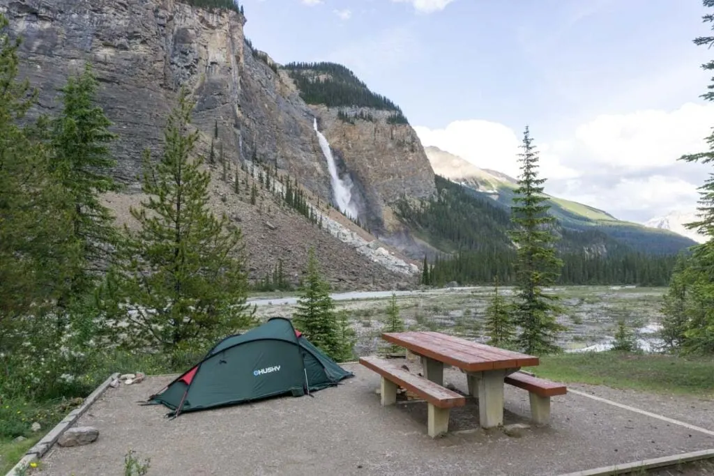 A tent at Takakkaw Falls campground in the Yoho Valley