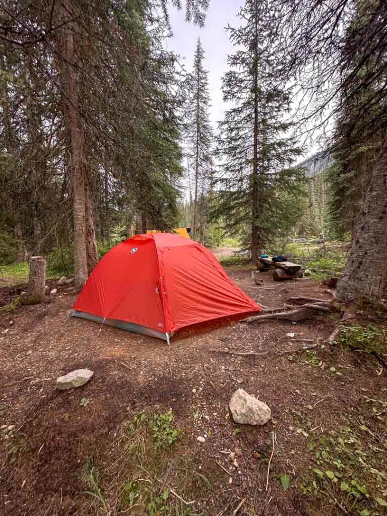 An orange tent surrounded by trees at Twin Falls Camp on the Yoho Valley Loop