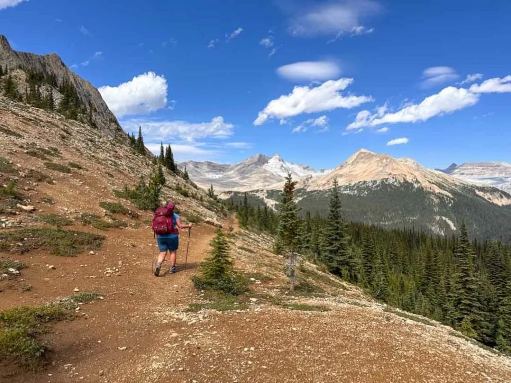 A hiker descends the Whaleback Trail in the Yoho Valley