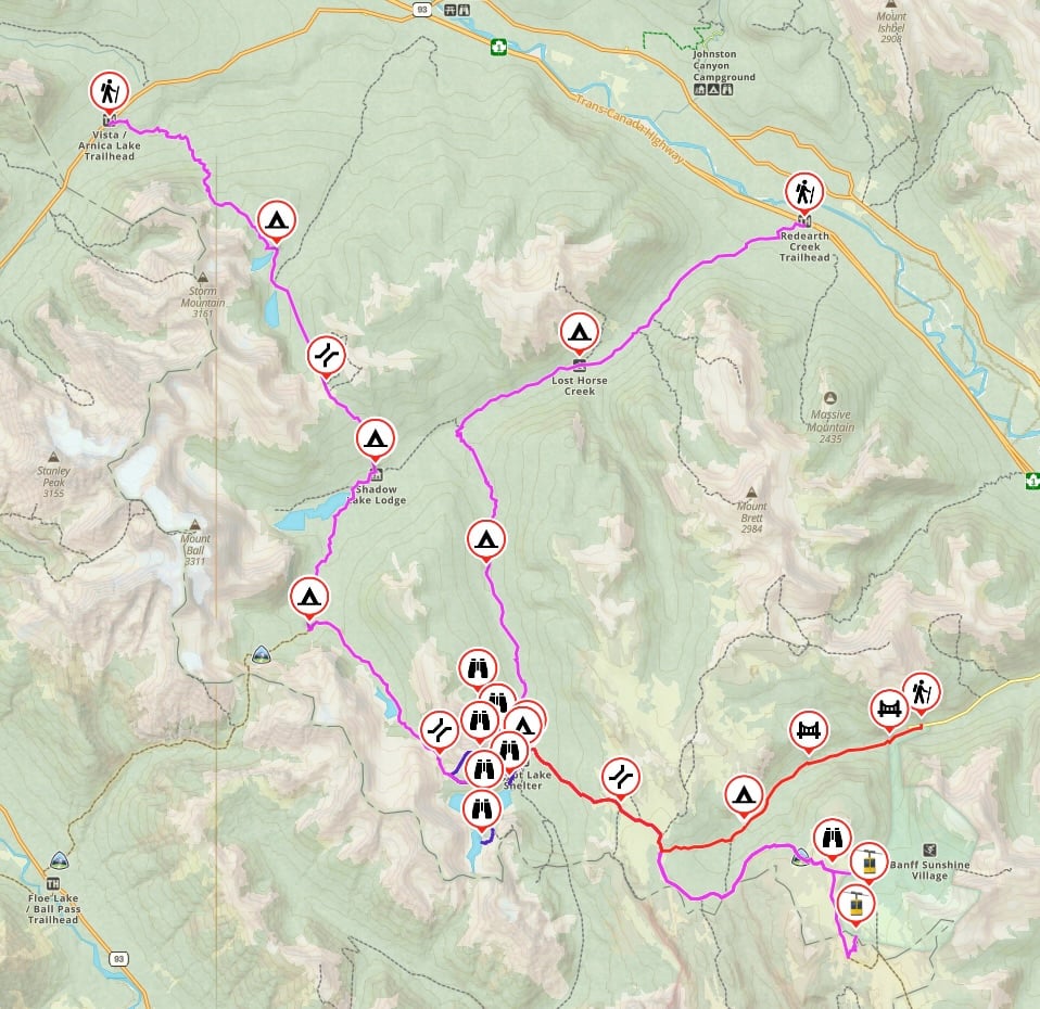 Map showing alternate routes to Egypt Lake (via Arnica Lake and Red Earth Creek)