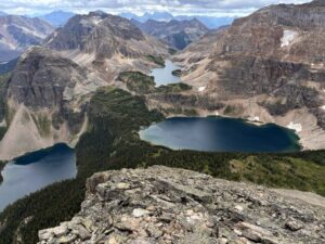 Egypt Lake, Scarab Lake, and Mummy Lake in Banff National Park seen from the top of Pharaoh Peak