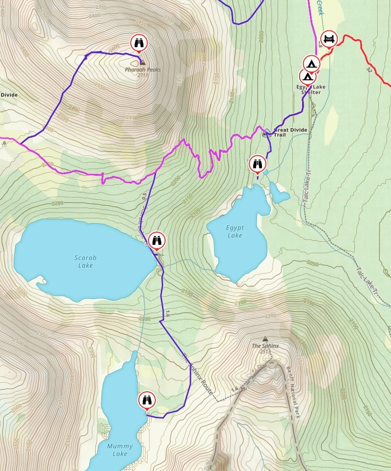 Map showing day hikes to Egypt Lake, Scarab Lake, Mummy Lake, and Pharaoh Peaks.