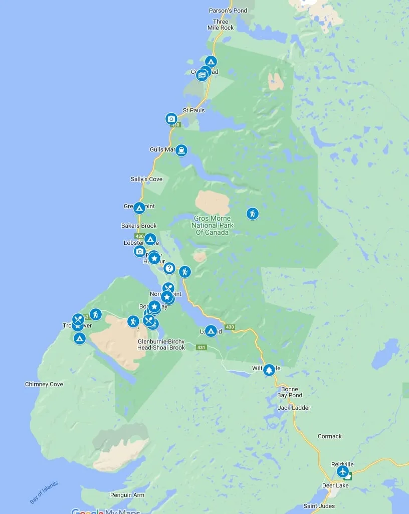 Google map showing things to do in Gros Morne National Park