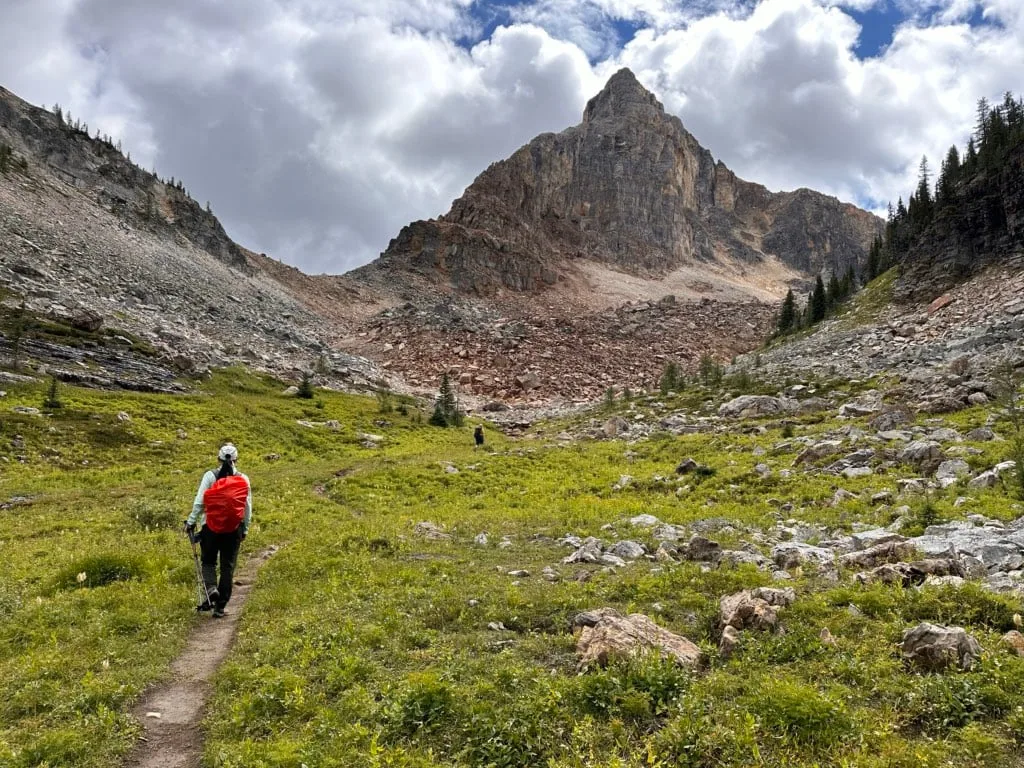 A hiker in a subalpine meadow near Mummy Lake