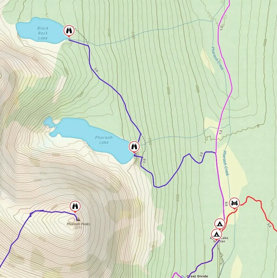 Map of the trail to Black Rock and Pharaoh Lakes