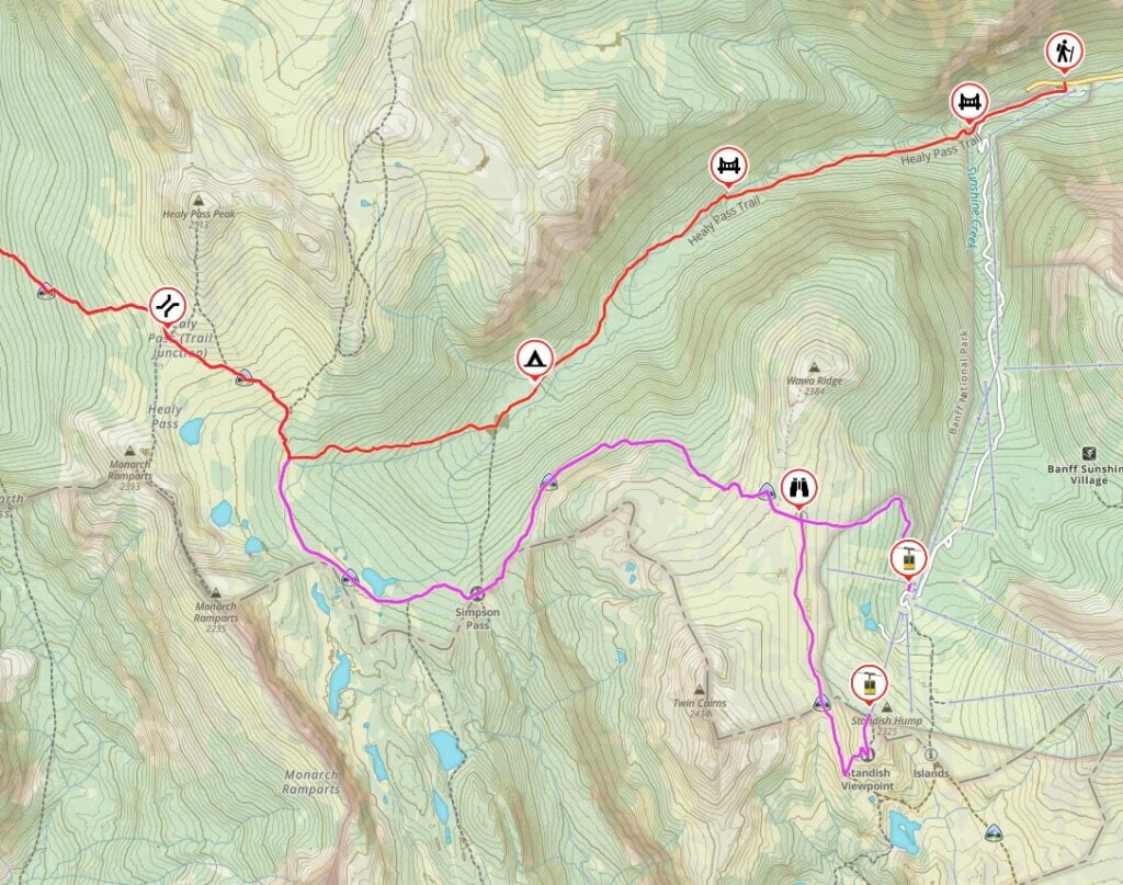 Map showing the trail from Sunshine Village to Egypt Lake