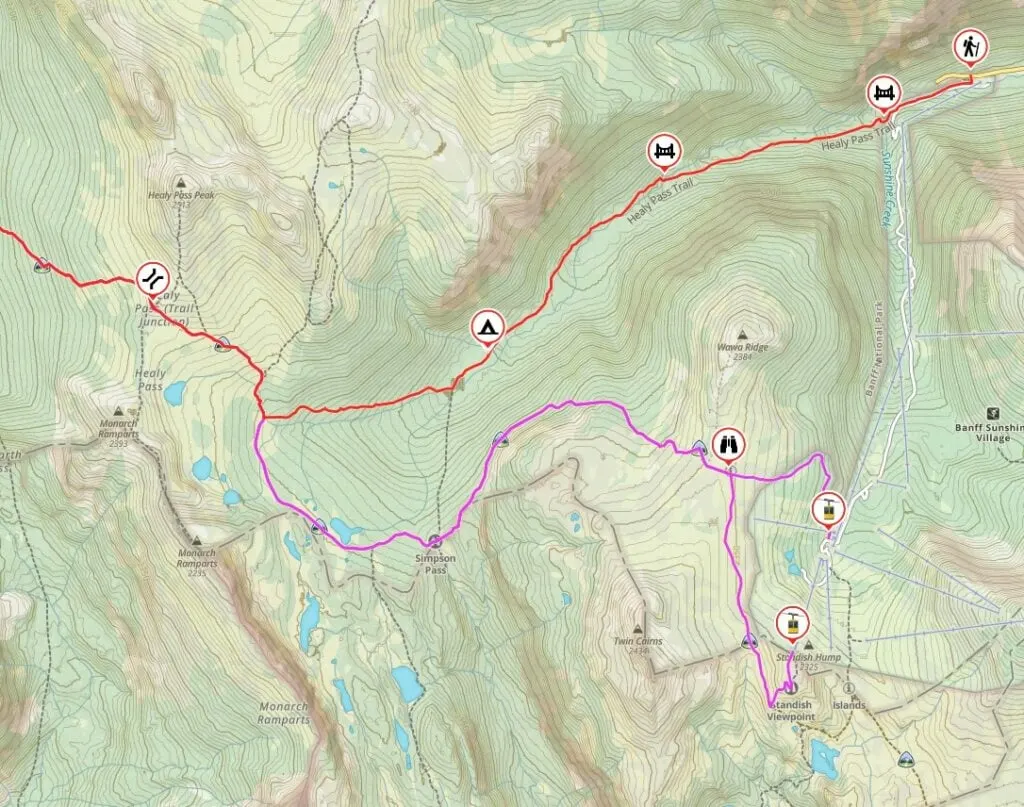 Map showing the trail from Sunshine Village to Egypt Lake