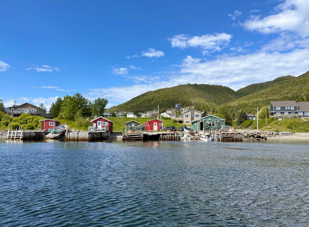 Old fishing shacks along the waterfront in Woody Point, Newfoundland