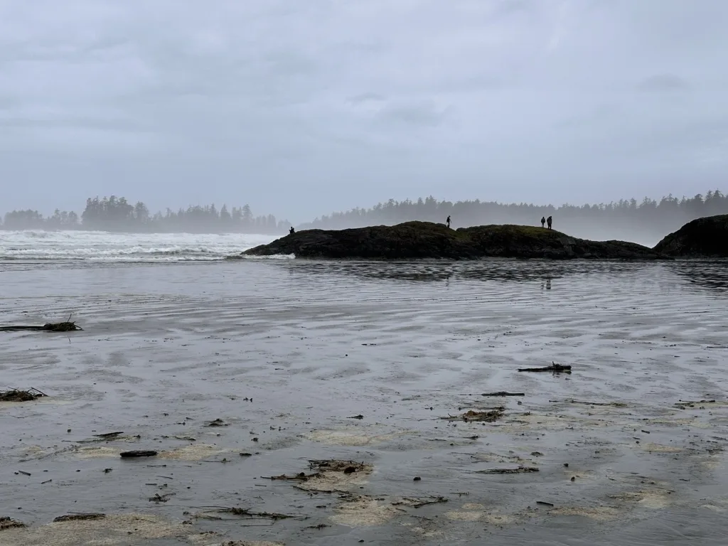 People stand on Incinerator rock in Tofino on a cloudy day. 