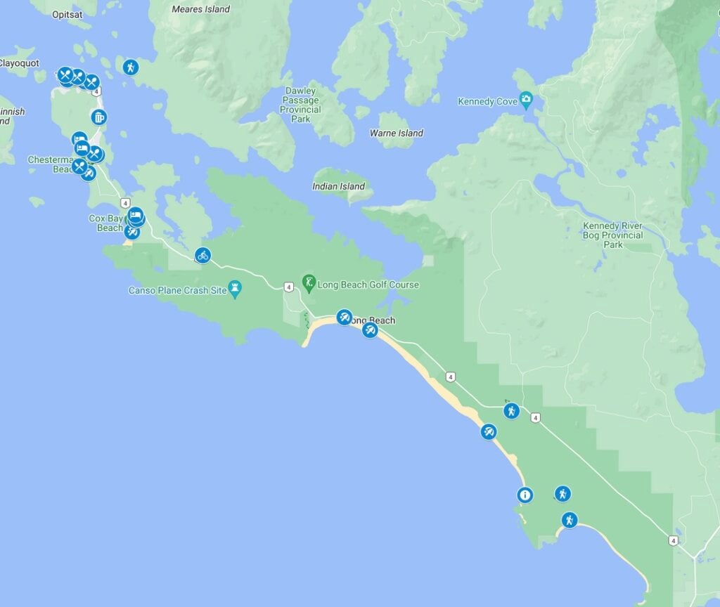 Google map with icons showing things to do in Tofino in the winter