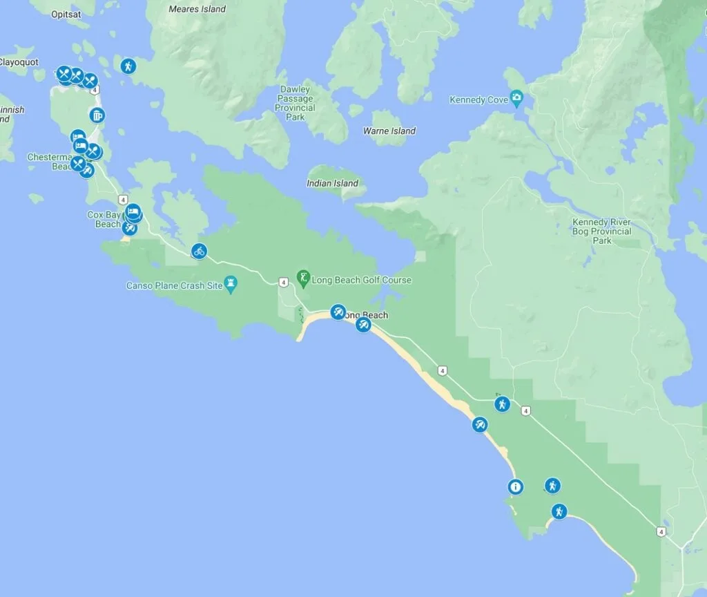 Google map with icons showing things to do in Tofino in the winter