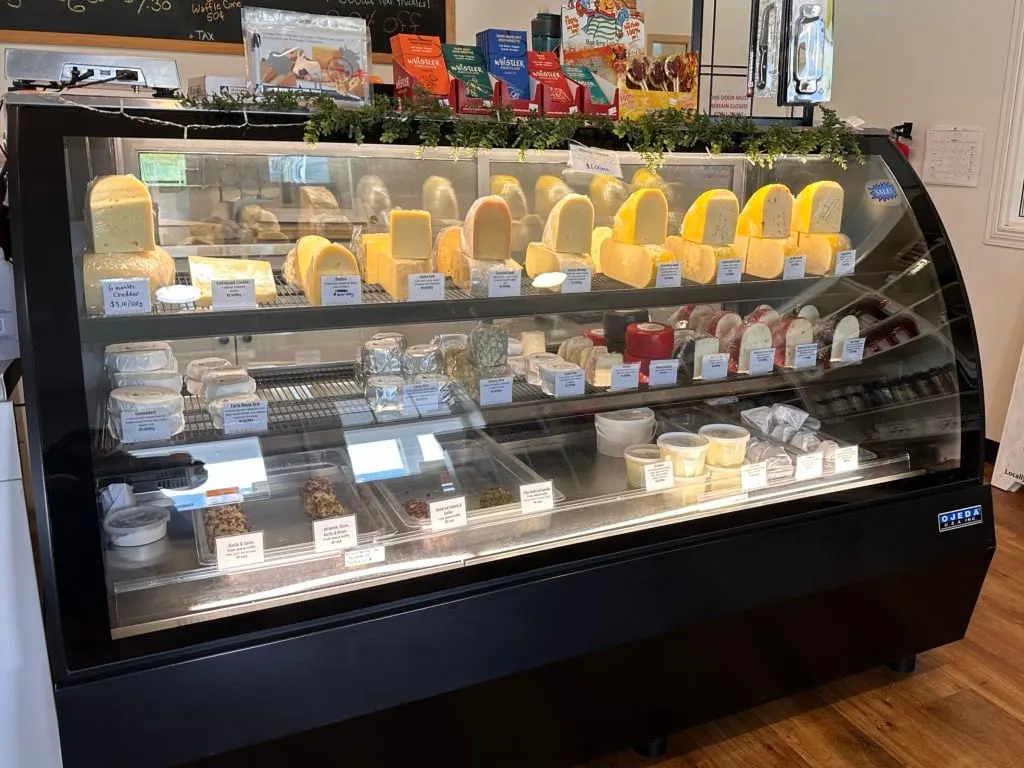 A case full of artisanal cheese at Farmhouse Natural Cheeses in Agassiz