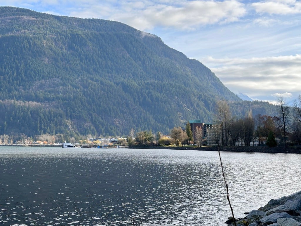 View of the village of Harrison Hot Springs and Harrison Lake on a sunny winter day. 