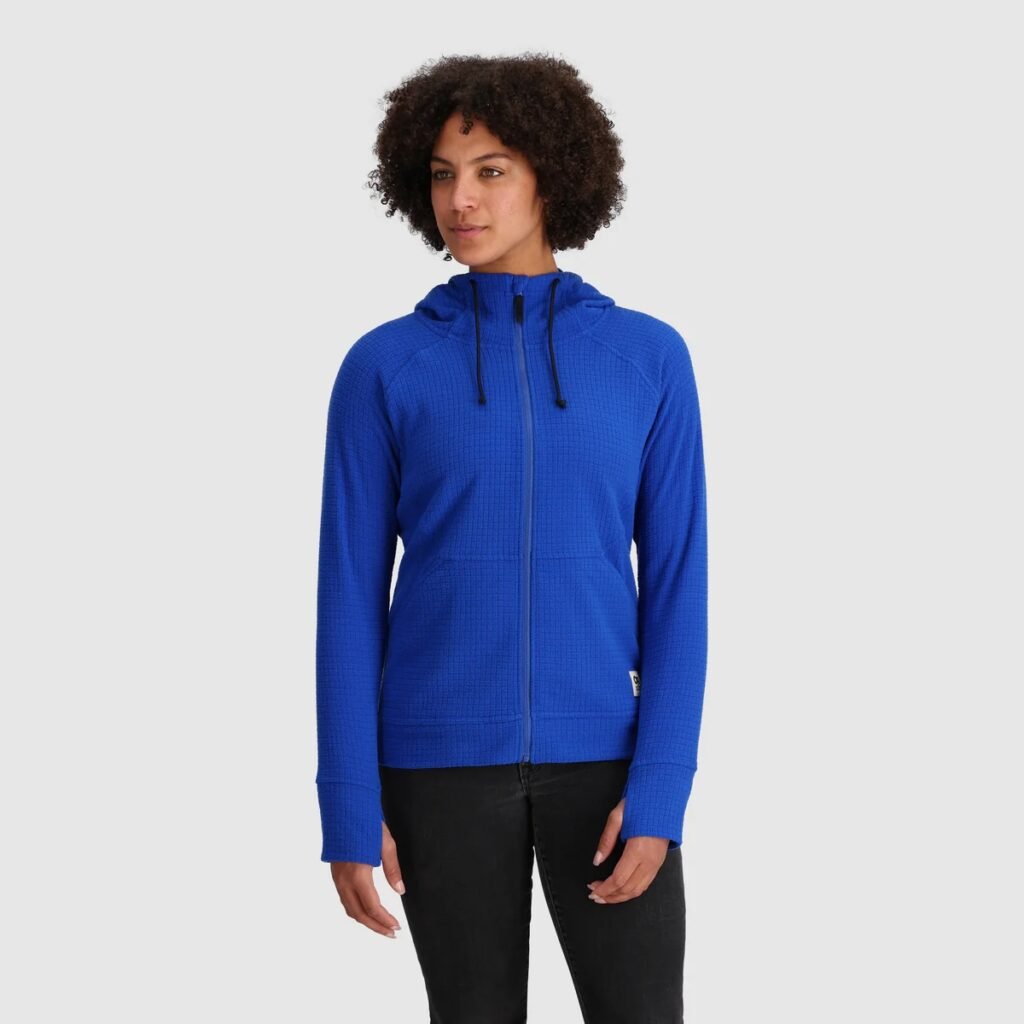 A model wears an Outdoor Research Trail Mix Fleece