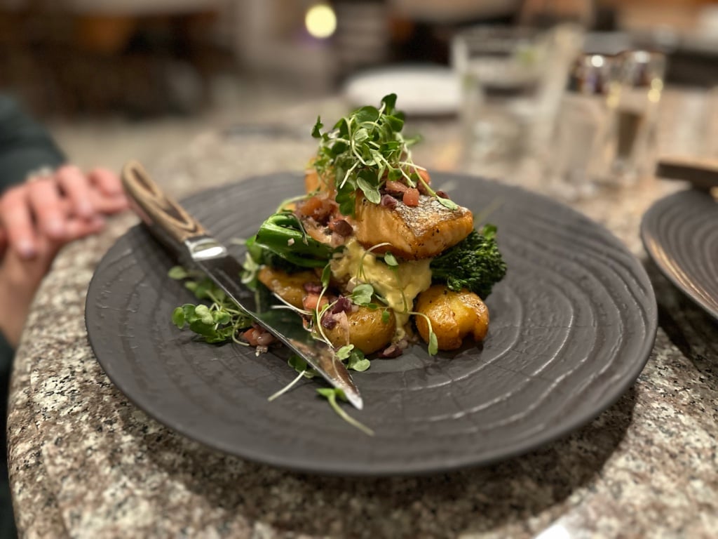 A plate of salmon and potatoes at River's Edge Clubhouse Restaurant at the Sandpiper Resort in Harrison Mills