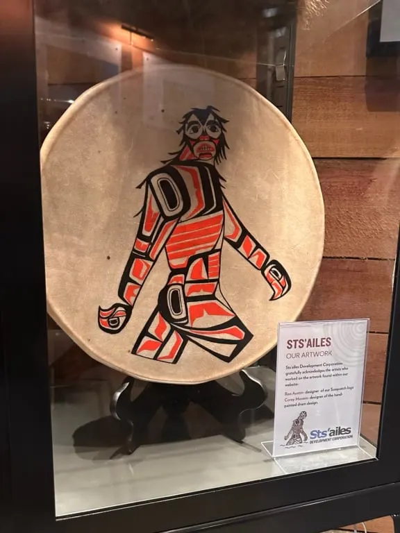 A drum painted with a Sasquatch by a member of the Sts'ailes First Nation on display at the Sasquatch Museum