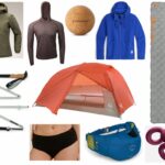 A collage of outdoor gear including a tent, jackets, and more