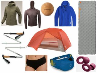 A collage of outdoor gear including a tent, jackets, and more