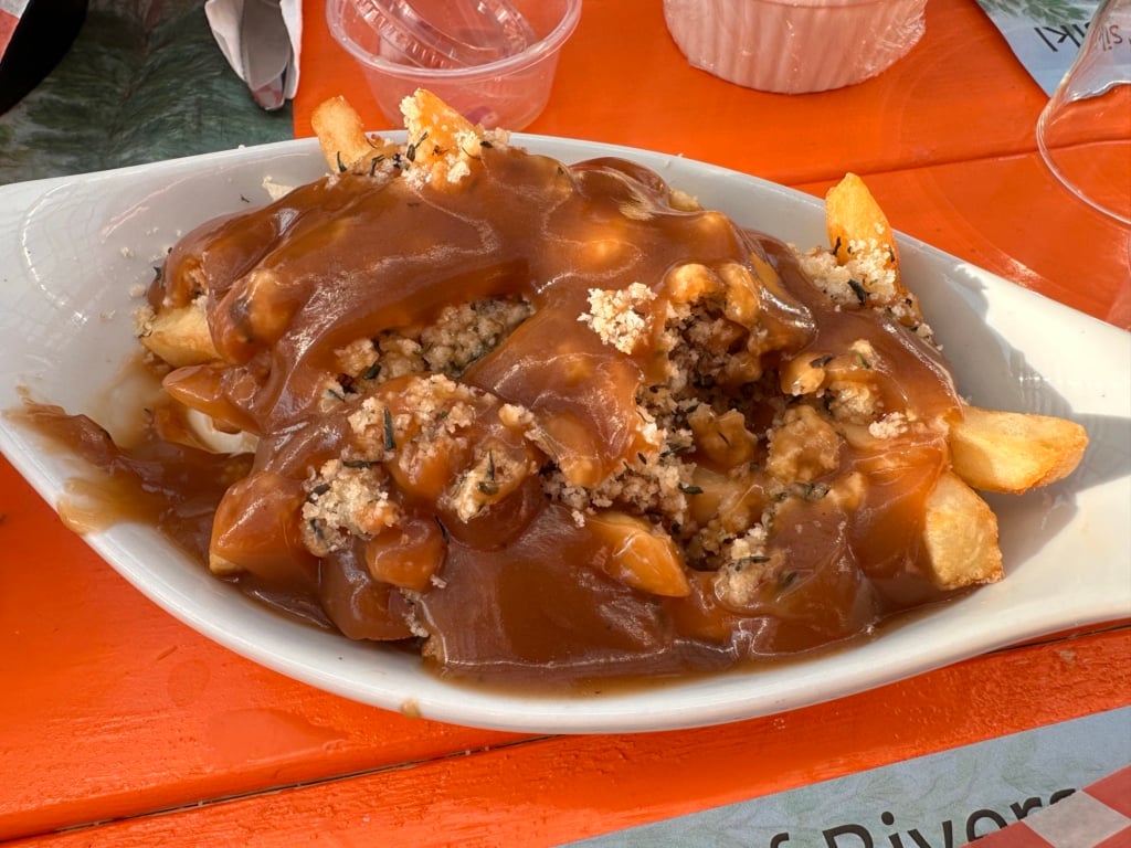 A close up of a dish of fries with gravy and dressing, a signature dish in Newfoundland cuisine