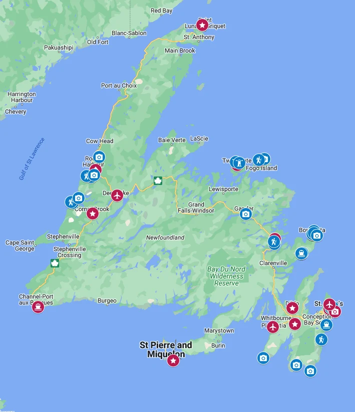 Google map showing things to do in Newfoundland. 