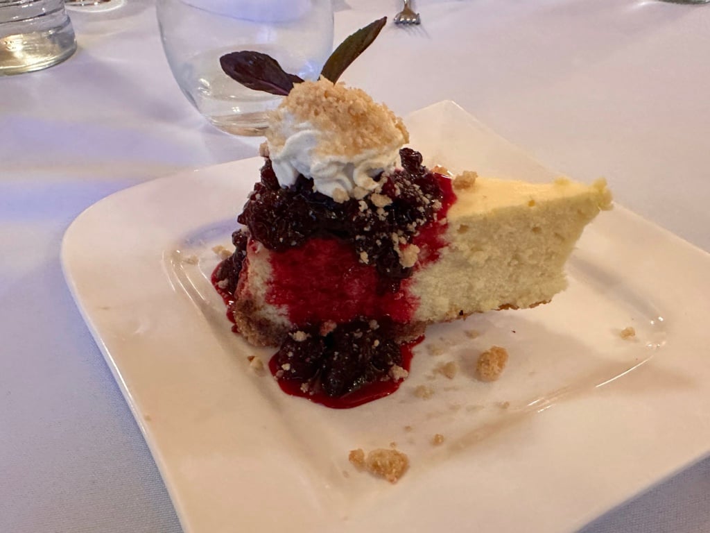 A close up of a slice of cheesecake with partridge berry sauce