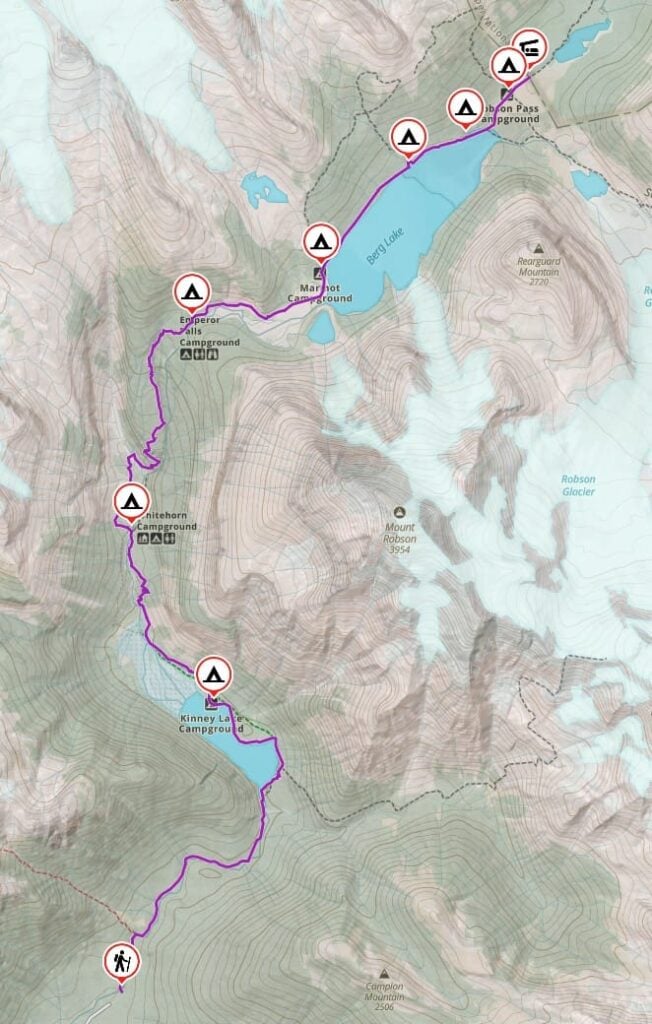 Topographic map of the Berg Lake Trail made in Gaia GPS