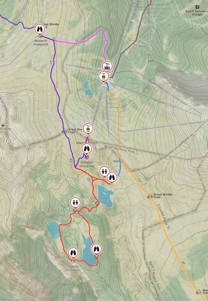 Map of hiking trails at Sunshine Meadows