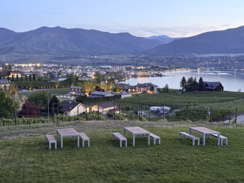 View of Penticton at sunset from Poplar Grover Winery