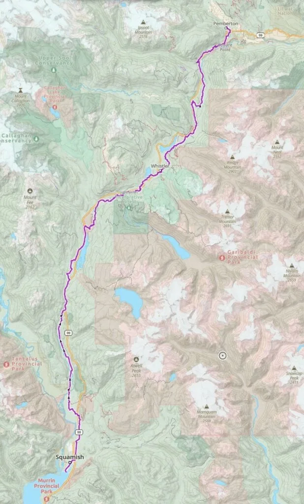 Topographic map of the Sea to Sky Trail from Squamish to Whistler