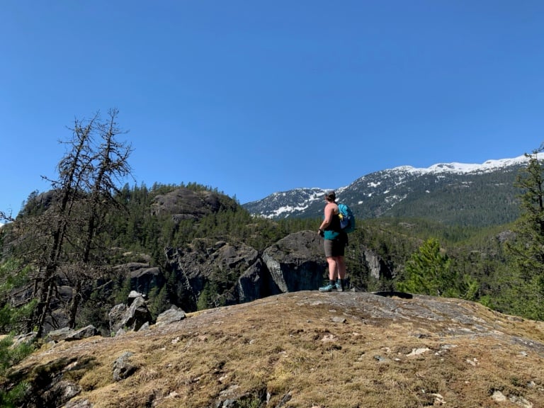 A hiker looks at the mountain views in Cheakamus Canyon