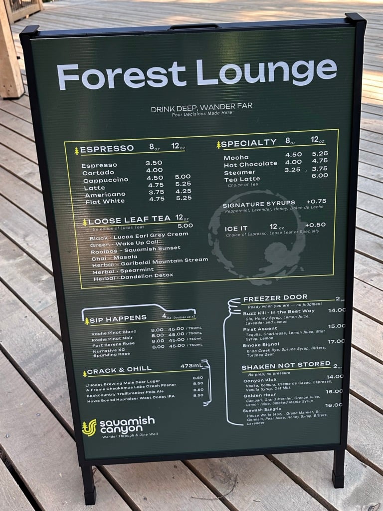 Drinks menu at the Forest Lounge