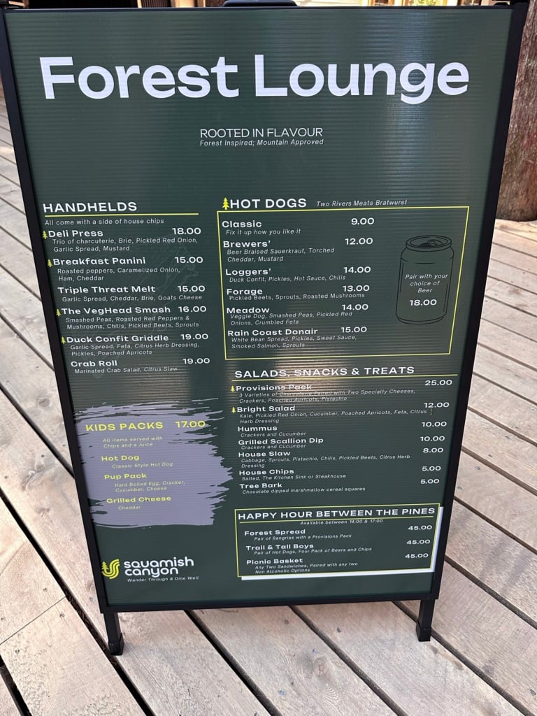 Snacks menu at the Forest Lounge