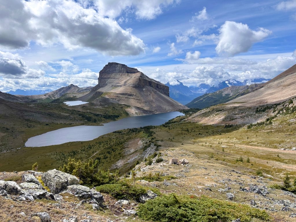 Looking down to Ptarmigan Lake from Packer's Pass.