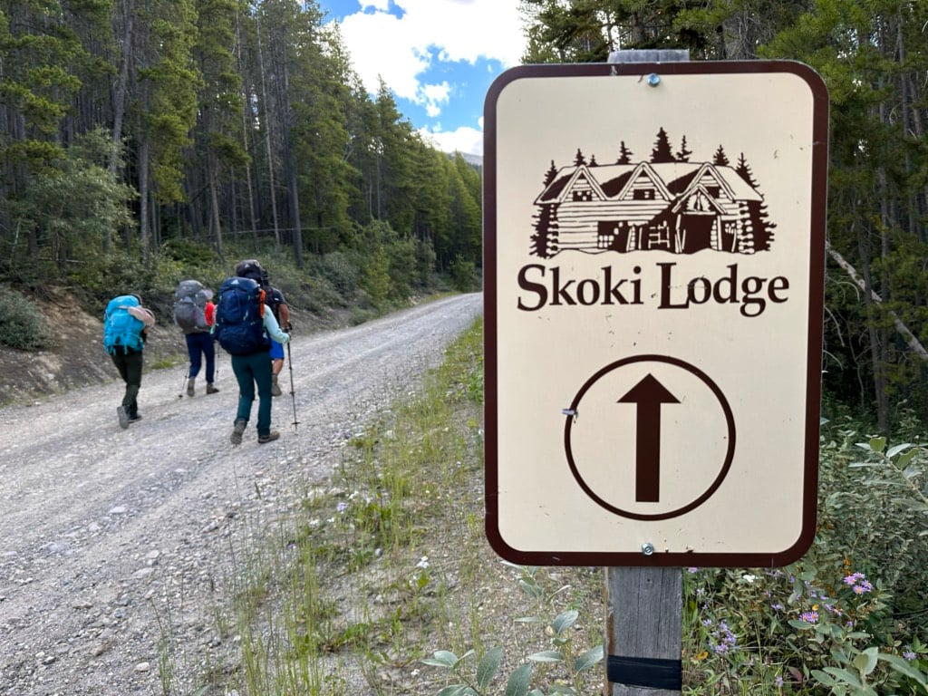 Sign for Skoki Lodge along the road near Lake Louise ski hill