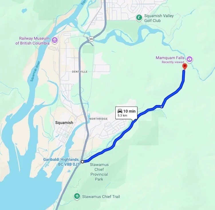 Google maps showing the driving directions to Squamish Canyon