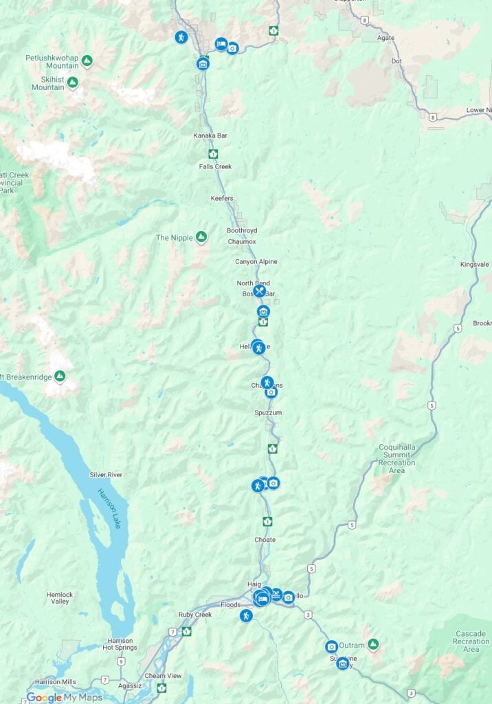 Google Map showing things to do in the Fraser Canyon