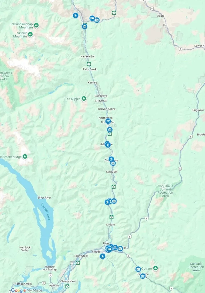 Google Map showing things to do in the Fraser Canyon