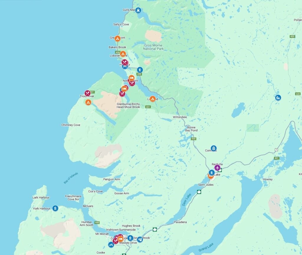 Map showing the locations of things to do in fall in Gros Morne and Western Newfoundland